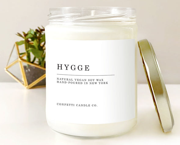 Hygge candle, cozy aesthetic, hygge decor, natural soy wax candle, comforting candle, Confetti Candle Co., Nordic decor, scandi decor, Scandinavian decor, Norwegian decor, aesthetic, cozy, comfort, minimal, self care, gift of comfort, comforting gift, spice candle, warm candle