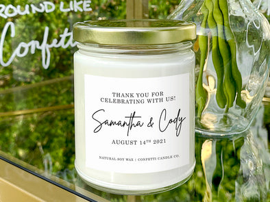 Personalized Wedding Favor Candles, Natural Soy Wax, Vegan, Custom, Handmade in USA, Sustainable, Select your scent, Gift for guests, Favors, Elegant, green, eco friendly, support artists, craftswoman, woman owned, vegan owned, minimal, classy, high end, gold, white, green, simple